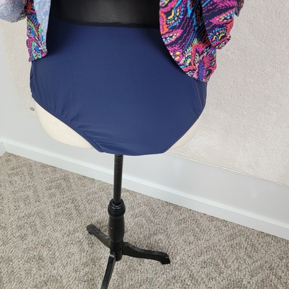 Swim Solutions Navy Multi Color Floral Tummy Control Tiered Swimsuit Sz10 D NEW - Picture 10 of 16